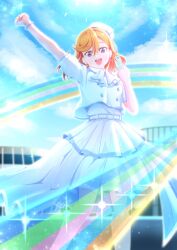 1girl :d arm_up blue_sky buttons clenched_hands cloud commentary_request day double-breasted feet_out_of_frame flipped_bangs frilled_skirt frills hair_between_eyes jacket layered_skirt love_live! love_live!_superstar!! medium_hair medium_skirt official_alternate_costume open_mouth orange_hair purple_eyes rainbow raised_fist shibuya_kanon skirt sky smile solo standing umino_tsukina what_a_wonderful_dream!! white_jacket white_skirt