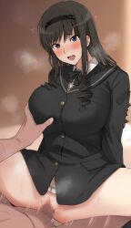1boy 1girl :d amagami arm_behind_back black_bow black_bowtie black_hair black_hairband black_sailor_collar black_shirt blush bottomless bow bowtie breasts buttons censored clothed_female_nude_male collared_shirt cowgirl_position drill_hair drill_sidelocks girl_on_top grabbing_another&#039;s_breast groping hairband hetero highres indoors large_breasts long_hair long_sleeves mobu morishima_haruka mosaic_censoring nude open_mouth penis pussy sailor_collar school_uniform serafuku sex shirt sidelocks smile straddling thighs tongue vaginal white_shirt