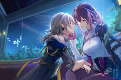 2girls astral_express_(honkai:_star_rail) black_jacket black_shorts breasts chest_harness clouble commission crossed_legs face-to-face gloves grey_hair hands_on_another&#039;s_thigh harness high-waist_shorts highres honkai:_star_rail honkai_(series) indoors jacket kafka_(honkai:_star_rail) large_breasts light_particles medium_hair multiple_girls night night_sky pantyhose pantyhose_under_shorts parted_lips ponytail purple_eyes purple_gloves purple_hair purple_pantyhose shirt shorts sidelocks sky smile spider_web_print star_(sky) stelle_(honkai:_star_rail) trailblazer_(honkai:_star_rail) white_shirt yellow_eyes yuri
