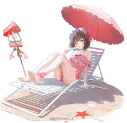 Rule 34 | 1girl, ass, bare shoulders, barefoot, bell, blush, bow, brown hair, casual one-piece swimsuit, chair, commentary request, enju (sennen sensou aigis), flat chest, flower, food, frilled hairband, frilled umbrella, frills, full body, hair flower, hair ornament, hairband, holding, holding food, holding popsicle, jingle bell, kawauchi (kaz7ry), knees up, legs, looking at viewer, lounge chair, off-shoulder one-piece swimsuit, off shoulder, official art, on chair, one-piece swimsuit, pink bow, pink one-piece swimsuit, pink umbrella, planted, planted polearm, polearm, popsicle, red eyes, red flower, sennen sensou aigis, short hair, solo, starfish, swimsuit, thighs, toes, tongue, tongue out, trident, umbrella, weapon