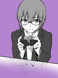 1girl blush bow bowtie breaking ciel_(tsukihime) controller game_controller glasses holding holding_controller holding_game_controller jacket melty_blood melty_blood:_type_lumina metarogu monochrome school_uniform short_hair souya_high_school_uniform sweat tsukihime tsukihime_(remake) upper_body
