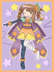1girl ;d \m/ asymmetrical_legwear bandages blush bracelet brown_hair cape dress food-themed_hair_ornament green_eyes hair_ornament halloween jewelry long_hair looking_at_viewer one_eye_closed open_mouth original outline pantyhose purple_background reverse_(bluefencer) skirt smile solo star_(symbol) star_hair_ornament star_print twintails white_outline yellow_skirt