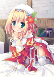 Rule 34 | 1girl, blonde hair, blue flower, blush, bra, breasts, commentary request, cross, cross necklace, dress, flower, frilled thighhighs, frills, full body, garter straps, green eyes, hair intakes, hat, hat flower, hat ornament, high priest (ragnarok online), indoors, jewelry, juliet sleeves, kizuki erika, leaf hat ornament, long sleeves, looking at viewer, medium breasts, medium hair, necklace, open mouth, panties, puffy sleeves, ragnarok online, red dress, red flower, sash, smile, solo, strap slip, tam (ragnarok online), textless version, thighhighs, two-tone dress, underwear, undressing, white bra, white dress, white hat, white panties, white sash, white thighhighs