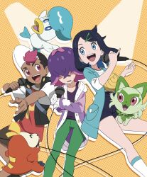 1boy 2girls :d black_hair black_headwear black_shorts blush buttons cable coat commentary_request cowlick dark-skinned_male dark_skin dot_(pokemon) eyelashes fuecoco gloves green_coat green_pants hair_ornament hair_over_eyes hairclip hat highres holding holding_microphone ia_(ilwmael9) liko_(pokemon) long_sleeves microphone multiple_girls nintendo open_clothes open_coat open_mouth pants pokemon pokemon_(anime) pokemon_(creature) pokemon_horizons purple_hair purple_shirt quaxly roy_(pokemon) shirt short_hair shorts smile socks sprigatito starter_pokemon_trio sweatdrop tank_top teeth tongue upper_teeth_only white_socks