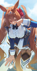 1girl animal_ears black_bow black_bowtie black_thighhighs blush boots bow bowtie breasts brown_hair center_frills closed_mouth commentary_request daiwa_scarlet_(umamusume) epaulettes framed_breasts frilled_skirt frills hair_bow hair_intakes hand_on_own_knee highres horse_ears horse_girl horse_tail large_breasts leaning_forward long_hair miniskirt ningen_gokko red_bow red_eyes shirt skirt solo steaming_body sweat tail thigh_boots thighhighs thighs tiara twintails umamusume very_long_hair white_shirt white_skirt