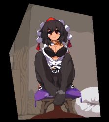 1boy 1girl animated belt black_belt black_bra black_hair black_pantyhose black_skirt blush bouncing_breasts bra breasts breasts_out cleavage clothed_female_nude_male collared_shirt dark-skinned_male dark_skin feet footjob frilled_skirt frills hat hetero large_breasts leaf_print looking_at_viewer namako_daibakuhatsu nude panties panties_under_pantyhose pantyhose partially_unbuttoned penis pillow pixel_art pom_pom_(clothes) pov puffy_short_sleeves puffy_sleeves red_eyes shameimaru_aya shirt short_hair short_sleeves sitting skirt smile stool thighband_pantyhose thighs tokin_hat touhou two-footed_footjob underwear video white_shirt