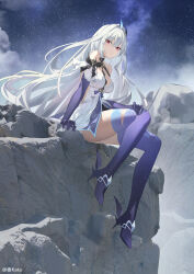 Rule 34 | 1girl, absurdres, angel no shousou, backless dress, backless outfit, bare shoulders, breasts, cloud, colored skin, dress, genshin impact, high heels, highres, large breasts, long hair, looking at viewer, night, night sky, outdoors, parted lips, purple skin, red eyes, rock, short dress, sitting, skirk (genshin impact), sky, sleeveless, sleeveless dress, solo, star (sky), starry sky, thighs, very long hair, white dress, white hair