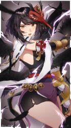 Rule 34 | 1girl, black hair, black wings, bob cut, commentary request, cowboy shot, feather fan, feathered wings, genshin impact, hand fan, highres, holding, holding fan, japanese clothes, kujou sara, mask, mask on head, na genshin, open mouth, red mask, short hair, signature, solo, tengu, tengu mask, wings, yellow eyes