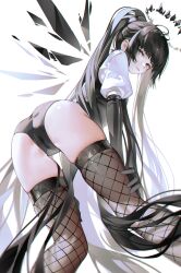 Rule 34 | 1girl, alternate hairstyle, arknights, ass, bent over, black gloves, black hair, black halo, black panties, black wings, blush, breasts, broken halo, brown pantyhose, cameltoe, closed mouth, detached wings, elbow gloves, feet out of frame, fishnet pantyhose, fishnets, gloves, grey eyes, halo, highres, iumu, long hair, looking at viewer, looking back, mole, mole under eye, panties, pantyhose, ponytail, puffy short sleeves, puffy sleeves, short sleeves, simple background, skindentation, small breasts, solo, standing, underwear, very long hair, virtuosa (arknights), white background, wings, yellow pupils