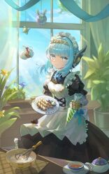 Rule 34 | 1girl, alternate costume, android, apron, black dress, blue eyes, blue hair, blue sky, bowl, chinese commentary, closed mouth, commentary request, cowboy shot, cream, cup, day, dress, flower, frilled apron, frills, genshin impact, highres, holding, holding plate, indoors, ineffa (genshin impact), joints, looking at viewer, maid, maid apron, maid headdress, manyu chapaofan, mechanical arms, mixing bowl, pastry bag, plant, plate, potted plant, puffy short sleeves, puffy sleeves, robot ears, robot girl, robot joints, short hair, short sleeves, sidelocks, sky, smile, solo, standing, table, tea, teacup, teapot, whisk, white apron, window