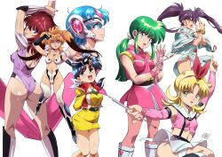 ass blonde_hair blue_eyes bracelet breasts character_request closed_mouth detached_sleeves enno_chiaki fingerless_gloves flipped_hair gloves green_eyes green_hair hairband highres index_finger_raised jewelry kabashima_yousuke kishin_douji_zenki long_hair long_sleeves looking_at_viewer medium_hair midriff miniskirt multiple_girls navel open_mouth outstretched_arm panties pantyhose pink_gloves pink_panties pink_pantyhose pointing pointing_up ponytail purple_hair short_hair simple_background skirt smile standing suspenders thigh_strap twintails underwear white_background white_panties wide_sleeves