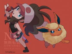 Rule 34 | 1girl, absurdres, baseball cap, black vest, blue eyes, breasts, brown hair, cutoffs, denim, denim shorts, exposed pocket, flareon, gen 1 pokemon, hat, high ponytail, highres, hilda (pokemon), holding, holding poke ball, long hair, looking at viewer, nintendo, open clothes, open mouth, open vest, poke ball, poke ball (basic), poke ball print, pokemon, pokemon (creature), pokemon bw, ponytail, sandora (karugamo no e), shirt, short shorts, shorts, sidelocks, vest, white shirt, wristband