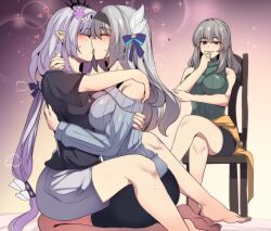 3girls absurdres bare_arms bare_shoulders black_hairband black_shirt blue_bow blush bow castorice_(honkai:_star_rail) chair crossed_legs firefly_(honkai:_star_rail) green_sweater grey_eyes grey_hair grey_shorts grey_sweater hair_bow hairband heart highres hinghoi honkai:_star_rail honkai_(series) kiss lens_flare long_hair multiple_girls off-shoulder_sweater off_shoulder pointy_ears ribbed_sweater shirt shorts sitting sleeveless sleeveless_turtleneck sparkle stelle_(honkai:_star_rail) sweater thighs trailblazer_(honkai:_star_rail) turtleneck very_long_hair yuri
