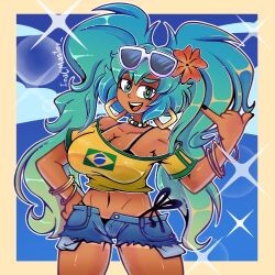 1girl aqua_eyes aqua_hair bead_choker beads black_nails brazilian_flag brazilian_flag_print brazilian_miku breasts bright_pupils cleavage cowboy_shot eyewear_on_head flag_print flower hair_flower hair_ornament hatsune_miku highres inacmaster large_breasts long_hair navel off-shoulder_shirt off_shoulder open_mouth outline print_shirt rectangular_earrings red_flower shirt shorts_tan signature smile solo sunglasses tan tanline tanline_peek twintails very_long_hair vocaloid white-framed_eyewear white_outline white_pupils yellow_shirt