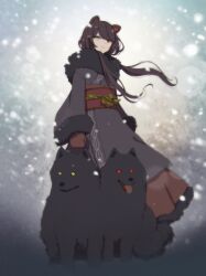 1girl alternate_costume animal_ears banken_(inui_toko) black_dog brown_hair brown_mittens brown_skirt closed_mouth commentary_request dog dog_ears dog_girl fangs floating_hair frown full_body fur-trimmed_kimono fur-trimmed_skirt fur_trim grey_kimono hair_over_shoulder heterochromia highres inui_toko inumoto japanese_clothes kimono long_hair long_skirt looking_at_viewer low_twintails mittens nijisanji obi obiage obijime outdoors red_eyes red_pupils red_sash sash skirt snowing solid_eyes tongue tongue_out twintails very_long_hair vignetting virtual_youtuber wind yellow_eyes yellow_pupils