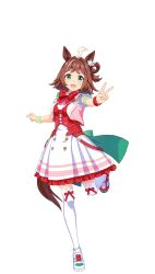 Rule 34 | 1girl, ahoge, animal ears, aqua bow, arm strap, asymmetrical footwear, back bow, bad link, belt, bow, bow legwear, bracelet, brown hair, buttons, double-breasted, dress, ear ornament, full body, game model, green eyes, hair ornament, highres, horse ears, horse girl, horse tail, jewelry, looking at viewer, medium hair, mismatched footwear, multicolored hair, open mouth, parted bangs, petticoat, puffy short sleeves, puffy sleeves, red bow, red shoes, red vest, rhein kraft (umamusume), ribbon, shoelaces, shoes, short sleeves, smile, sneakers, solo, standing, standing on one leg, star-shaped pupils, star (symbol), star hair ornament, streaked hair, symbol-shaped pupils, symbol in eye, tachi-e, tail, thighhighs, transparent background, umamusume, v, vest, white hair, white shoes, white thighhighs, wristband