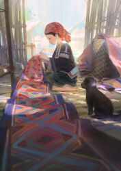 1girl absurdres baby_animal bandana barefoot black_dog black_hair black_shirt brown_eyes cloth ddal dog earrings fabric green_skirt highres hoop_earrings hut jewelry knitting original pants pillow puppy red_bandana seiza shirt sitting skirt slice_of_life zig-zag_pattern
