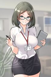 1girl absurdres black_hair blush breasts collared_shirt furaggu_(frag_0416) glasses green-framed_eyewear highres id_card indoors kantai_collection kirishima_(kancolle) large_breasts looking_at_viewer notebook office office_lady pen pencil_skirt shirt short_hair short_sleeves skirt smile solo white_shirt
