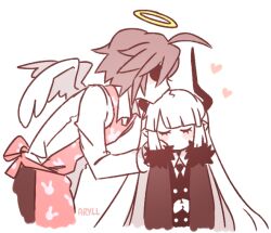 1boy 1girl angel angel_wings aryll_(marbles) brother_and_sister demon_girl demon_horns funamusea genderswap genderswap_(mtf) haiiro_teien halo horns kcalb_(funamusea) kissing_head siblings sitting wings wodahs_(funamusea)