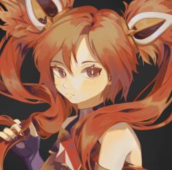 1girl bare_shoulders black_gloves blush expressionless fingerless_gloves gloves jinx_(league_of_legends) league_of_legends long_hair moss0924 purple_nails red_eyes red_hair red_nails solo star_guardian_(league_of_legends) star_guardian_jinx twintails