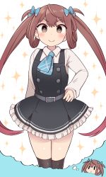 Rule 34 | 1girl, asagumo (kancolle), black dress, black thighhighs, blue neckwear, blue ribbon, blush, brown hair, dress, grey eyes, hair ribbon, highres, imagining, kantai collection, long hair, long sleeves, looking at viewer, original remodel (kantai collection), pinafore dress, pleated dress, ribbon, shirt, simoyuki, sleeveless, sleeveless dress, smile, speech bubble, standing, thighhighs, thought bubble, twintails, white shirt