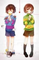 2boys 2others 3girls alphys animal_ears animification arm_up black_eyes black_footwear black_shorts black_socks blood blood_on_face bloody_knife blue_hoodie blue_shorts blue_skin blue_sweater blush brothers brown_hair brown_shorts chara_(undertale) closed_eyes closed_mouth colored_sclera colored_skin eyepatch fingernails fins flower flying frisk_(undertale) full_body furry furry_female ghost glasses gloves goat_ears goat_girl goat_horns green_sweater hair_between_eyes hands_in_pockets hands_up head_fins headphones heart holding holding_flower holding_knife holding_polearm holding_weapon hood hoodie horns hyde_(hai-do) knife long_hair long_sleeves looking_at_another looking_at_viewer multiple_boys multiple_girls multiple_others napstablook one_eye_closed open_mouth papyrus_(undertale) pocket polearm ponytail puffy_long_sleeves puffy_sleeves red_eyes red_gloves red_hair robe sans_(undertale) sharp_teeth shoes short_hair shorts siblings simple_background single_vertical_stripe skeleton slippers smile sneakers socks spear standing string string_of_fate striped_clothes striped_sweater sweater teeth toriel turtleneck turtleneck_sweater undertale undyne weapon white_background white_footwear white_fur white_robe white_socks yellow_flower yellow_sclera yellow_skin