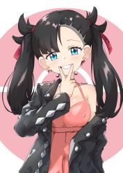1girl absurdres aqua_eyes artist_name asymmetrical_bangs asymmetrical_hair bare_shoulders black_hair black_jacket blush breasts choker commentary creatures_(company) dated dress earrings female_focus finger_in_own_mouth fingersmile game_freak grin hair_ribbon highres jacket jewelry long_sleeves looking_at_viewer marnie_(pokemon) medium_breasts nintendo off-shoulder_jacket off_shoulder open_clothes pink_dress pokemon pokemon_swsh red_ribbon ribbon simple_background smile solo twintails wweed