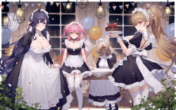 4girls apron back_bow balloon black_dress black_shoes blonde_hair blue_eyes blue_hair border bow breasts brown_hair bush cake chair cleavage commentary_request dark-skinned_female dark_skin detached_collar dress feet_out_of_frame food head_rest holding holding_tray indoors large_breasts long_hair long_sleeves looking_at_viewer maid multiple_girls night night_sky original pink_eyes pink_hair plunging_neckline ponytail puffy_short_sleeves puffy_sleeves red_eyes shoes short_sleeves sitting sitting_on_table sky small_breasts string_of_flags table tablecloth thighhighs tray two_side_up waist_apron wenz white_apron white_thighhighs window yellow_eyes
