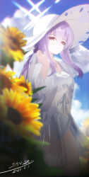 Rule 34 | 1girl, absurdres, artist name, atsuko (blue archive), atsuko (swimsuit) (blue archive), bikini, blue archive, chinese commentary, closed mouth, commentary request, dated, dress, flower, halo, hat, hayate (1034853996), highres, long hair, official alternate costume, outdoors, purple hair, red eyes, see-through clothes, see-through dress, signature, solo, sun hat, sunflower, swimsuit, white bikini, white dress, white halo, white hat