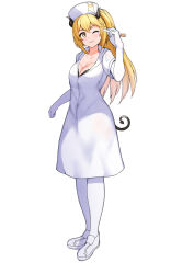 Rule 34 | 1girl, black bra, blonde hair, bra, bra peek, collared dress, commentary, demon horns, demon tail, dress, elbow gloves, fake horns, fake tail, full body, gloves, hat, holding, holding thermometer, horns, long hair, looking at viewer, nurse, nurse cap, ponytail, shokuhou misaki, sikijou77o, smile, solo, sparkling eyes, tail, thermometer, thighhighs, toaru kagaku no mental out, toaru kagaku no railgun, toaru majutsu no index, underwear, white background, white dress, white gloves, white thighhighs, yellow eyes