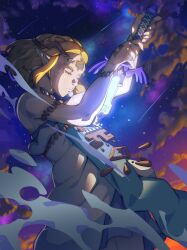 1girl armlet blonde_hair bracelet braid circlet closed_eyes cloud cloudy_sky crown_braid dress greatwhiskers highres jewelry master_sword night night_sky nintendo princess_zelda short_hair sky solo star_(sky) strapless strapless_dress tears the_legend_of_zelda the_legend_of_zelda:_tears_of_the_kingdom twilight white_dress