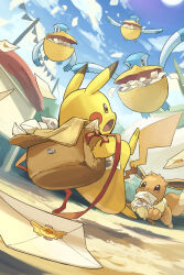 Rule 34 | bird, body fur, brown hair, eevee, flying, gen 1 pokemon, gen 3 pokemon, highres, letter, midair, mouth hold, nintendo, no humans, pelipper, pikachu, pokemon, pokemon (creature), pokemon mystery dungeon, sun, yamaori (hakkentai pokedan), yellow fur