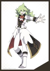 Rule 34 | 1boy, absurdres, alternate costume, arm at side, ascot, black sleeve cuffs, black trim, black vest, boots, coat, double-parted bangs, green eyes, green hair, highres, light smile, long bangs, male focus, military uniform, n (anniversary 2021) (pokemon), n (pokemon), nintendo, nuumigranate, official alternate costume, open mouth, outstretched arm, pants, parody, pokemon, pokemon masters ex, ponytail, red ascot, style parody, turning head, vest, white ascot, white background, white boots, white coat, white pants, yellow trim