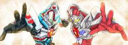 Rule 34 | 10s, 2boys, acceptor, armor, clenched hands, crossover, denkou choujin gridman, epic, gloves, glowing, glowing eyes, gridman (character), gridman (ssss), gridman universe, highres, look-alike, male focus, mecha, multiple boys, no humans, no pupils, robot, shoulder armor, ssss.gridman, tokusatsu, yellow eyes, yoroshi (yoroshii seikatsu)
