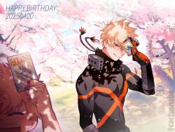 ^_^ age_comparison aged_down bakugou_katsuki black_shirt blonde_hair boku_no_hero_academia cactusnabe card cherry_blossoms closed_eyes commentary_request dated glass gloves happy_birthday highres holding holding_card long_sleeves looking_ahead male_focus multicolored_gloves open_mouth outdoors red_eyes shirt short_hair smile spiked_hair superhero_costume teeth tree twitter_username