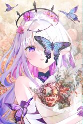 1girl absurdres bare_shoulders black_tiara breasts bug butterfly castorice_(honkai:_star_rail) flower gloves hair_flower hair_ornament hare_(hare_1730) highres honkai:_star_rail honkai_(series) insect long_hair looking_at_viewer parted_lips pointy_ears purple_eyes purple_gloves purple_hair solo tiara