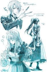 Rule 34 | 1boy, 2girls, asahina mikuru, asakura ryoko, bad id, bad pixiv id, butler, cup, gender request, genderswap, knife, koizumi itsuki, kuroshitsuji, kyonko, long hair, maid, monochrome, multiple girls, ono daisuke, ponytail, short hair, suzumiya haruhi no yuuutsu, teacup, teapot, toichi (ik07), translation request, tray, voice actor connection