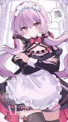1girl alternate_costume apron black_dress black_thighhighs blush bow bowtie breasts cleavage cleavage_cutout closed_mouth clothing_cutout commentary_request cowboy_shot criss-cross_halter crossed_arms dress enmaided frilled_apron frills hair_between_eyes hair_ornament halterneck headdress highres indoors juliet_sleeves long_sleeves looking_at_viewer maid maid_apron maid_headdress outline puffy_sleeves purple_eyes purple_hair red_bow red_bowtie sky solo spoken_squiggle squiggle standing sweatdrop thighhighs traditional_bowtie urara_31_e vocaloid voiceroid waist_apron watermark white_apron white_headdress white_outline white_sky white_sleeve_cuffs window yuzuki_yukari zettai_ryouiki