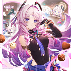 1girl absurdres bare_shoulders black_leotard blue_eyes braid breasts candy chibi chocolate chocolate_heart citlali_(genshin_impact) closed_mouth commentary english_commentary facial_mark food forehead_mark genshin_impact heart heart-shaped_food highres leotard long_hair looking_at_viewer medium_breasts multicolored_hair multiple_views official_art open_mouth pink_hair pink_pupils siya_ho triangle triangle_facial_mark twin_braids very_long_hair