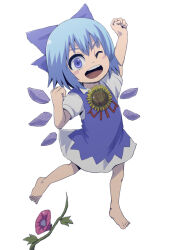 1girl :d ;d arm_up bare_arms blue_bow blue_dress blue_eyes blue_hair bow cirno clenched_hands collared_shirt commentary_request dress flower full_body hair_bow hand_up hanemikakko hidden_star_in_four_seasons ice ice_wings looking_at_viewer one_eye_closed open_mouth plant puffy_short_sleeves puffy_sleeves shirt short_hair short_sleeves simple_background skirt smile solo sunflower tanned_cirno touhou vines white_background wings