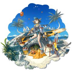 1girl aciddrop_(arknights) aciddrop_(holiday)_(arknights) animal animal_ears anklet arknights balloon bare_legs beach belt belt_pouch bird bird_ears bird_girl black_belt black_necktie blue_eyes blue_one-piece_swimsuit bow_(weapon) breasts brown_hair can chair clear_sky cleavage clothed_animal cropped_jacket cross-laced_clothes cross-laced_one-piece_swimsuit crossbow cup day denim denim_shorts disposable_cup domesticated_metal_crab_(arknights) dual_wielding food french_fries full_body gluteal_fold goggles goggles_on_head grey_one-piece_swimsuit highleg highleg_one-piece_swimsuit highres holding holding_water_gun ice_bucket jacket jewelry knees_together_feet_apart lanzi_(415460661) large_breasts long_hair looking_at_viewer low_ponytail micro_shorts necktie ocean official_alternate_costume official_art one-piece_swimsuit open_clothes open_jacket open_shorts outdoors palm_tree ponytail pouch radio sandals seagull see-through_clothes see-through_headwear see-through_jacket shorts sitting sky soda solo surfboard swimsuit swimsuit_under_clothes third-party_source transparent_background tree two-tone_one-piece_swimsuit visor_cap washing_machine water_gun weapon white_sandals