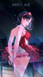 1girl absurdres arms_behind_back bare_shoulders black_hair blood blood_on_face blood_on_gloves broken brown_eyes building city cityscape commentary_request copyright_name dress elbow_gloves film_grain frilled_dress frills from_behind gloves hairband highres holding holding_weapon ice_pick kirigoe_mima lipstick looking_at_viewer looking_back makeup night outdoors parted_lips perfect_blue pink_dress railing red_dress red_hairband red_lips short_dress short_hair sky smile solo standing star_(sky) starry_sky strapless strapless_dress thighhighs weapon white_gloves white_thighhighs woga_(ogkntk)