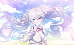 1girl 25-ji_miku bloom blue_sky chest_harness cloud collared_shirt colorful_palette falling_petals green_eyes grey_hair hair_ribbon harness hatsune_miku heterochromia highres light_particles long_hair meadow neck_ribbon official_art parted_lips petals pink_eyes project_sekai red_ribbon ribbon sekai_no_sakura_tsunagaru_omoi_(project_sekai) shirt sidelocks sky solo swept_bangs third-party_source upper_body very_long_hair vocaloid white_ribbon white_shirt