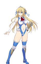 1girl amy_click blonde_hair blue_footwear blue_leotard breasts clothing_cutout elbow_gloves elbow_pads frills full_body gauntlets gloves himukai_kyousuke leotard long_hair medium_breasts navel_cutout non-web_source official_art ring_dream single_gauntlet solo transparent_background veil wrestling_boots wrestling_outfit
