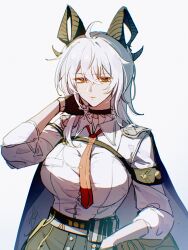 1girl armband black_armband black_gloves black_horns black_jacket black_pants breasts chest_harness chinese_commentary closed_mouth collared_shirt commentary_request cowboy_shot curled_horns gloves hair_between_eyes hand_up harness highres horns jacket jacket_on_shoulders large_breasts looking_at_viewer medium_hair necktie pants partial_commentary red_eyes red_necktie scuro shirt simple_background solo white_background white_shirt wuthering_waves zani_(wuthering_waves)