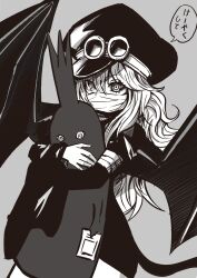 bandages crown demon_girl demon_tail eyed_silhouette goggles gunko hair_between_eyes hat highres hug imu_(one_piece) long_hair mask monochrome mouth_mask nobuchi0503 one_piece silhouette speech_bubble stuffed_toy tail translation_request