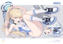 1girl alternate_costume bare_legs bare_shoulders blonde_hair blue_archive blue_eyes blue_halo blue_one-piece_swimsuit blush closed_mouth commentary_request competition_swimsuit dan_(kumadan) halo highleg highres legs long_hair looking_at_viewer lying on_back one-piece_swimsuit revision shoes sneakers solo swimsuit thighs toki_(blue_archive) two-tone_swimsuit v whistle whistle_around_neck white_one-piece_swimsuit white_shoes