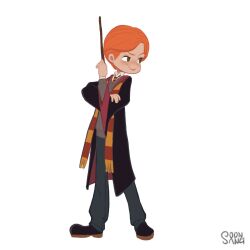Rule 34 | 1boy, black coat, coat, full body, gryffindor, harry potter (series), highres, hogwarts school uniform, holding, holding wand, hong soon-sang, looking to the side, male focus, orange hair, ron weasley, scar, school uniform, short hair, simple background, smile, solo, sweater, wand, white background, wizarding world