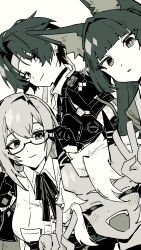 Rule 34 | 1boy, 3girls, animal ear fluff, animal ears, armor, asaba harumasa, blunt bangs, blush, closed eyes, closed mouth, fox ears, fox girl, glasses, gloves, highres, hoshimi miyabi, long hair, looking at viewer, monochrome, multiple girls, oni, open mouth, short hair, shoulder armor, sidelocks, smile, soukaku (zenless zone zero), sstw2433, tsukishiro yanagi, zenless zone zero