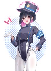1girl animal_ears armband black_hair black_jacket black_one-piece_swimsuit blue_archive blue_armband buttons cat_ears colored_inner_animal_ears colored_inner_hair commentary_request competition_swimsuit cosplay covered_navel double-breasted extra_ears gloves halo hat hibika highleg highleg_one-piece_swimsuit highres hikari_(blue_archive) hikari_(blue_archive)_(cosplay) jacket kazusa_(blue_archive) looking_at_viewer multicolored_hair nozomi_(blue_archive) nozomi_(blue_archive)_(cosplay) one-piece_swimsuit pantyhose pantyhose_under_swimsuit peaked_cap pink_hair pink_halo short_hair smile solo swimsuit swimsuit_under_clothes train_conductor two-tone_hair two-tone_swimsuit white_gloves white_pantyhose